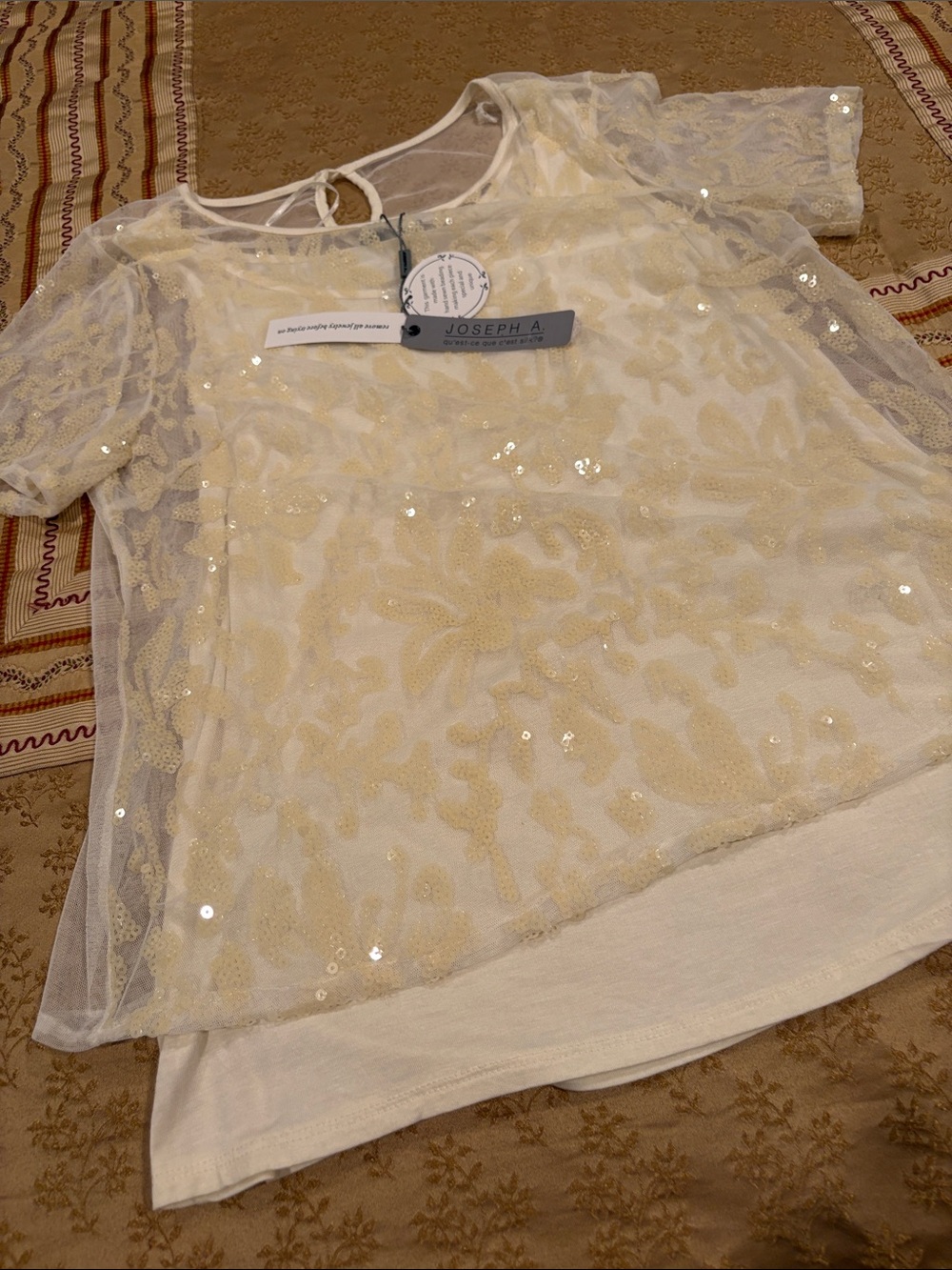 NWT Joseph A Stunning Cream & White Sequined Overlay Tunic, Poly Blend, M